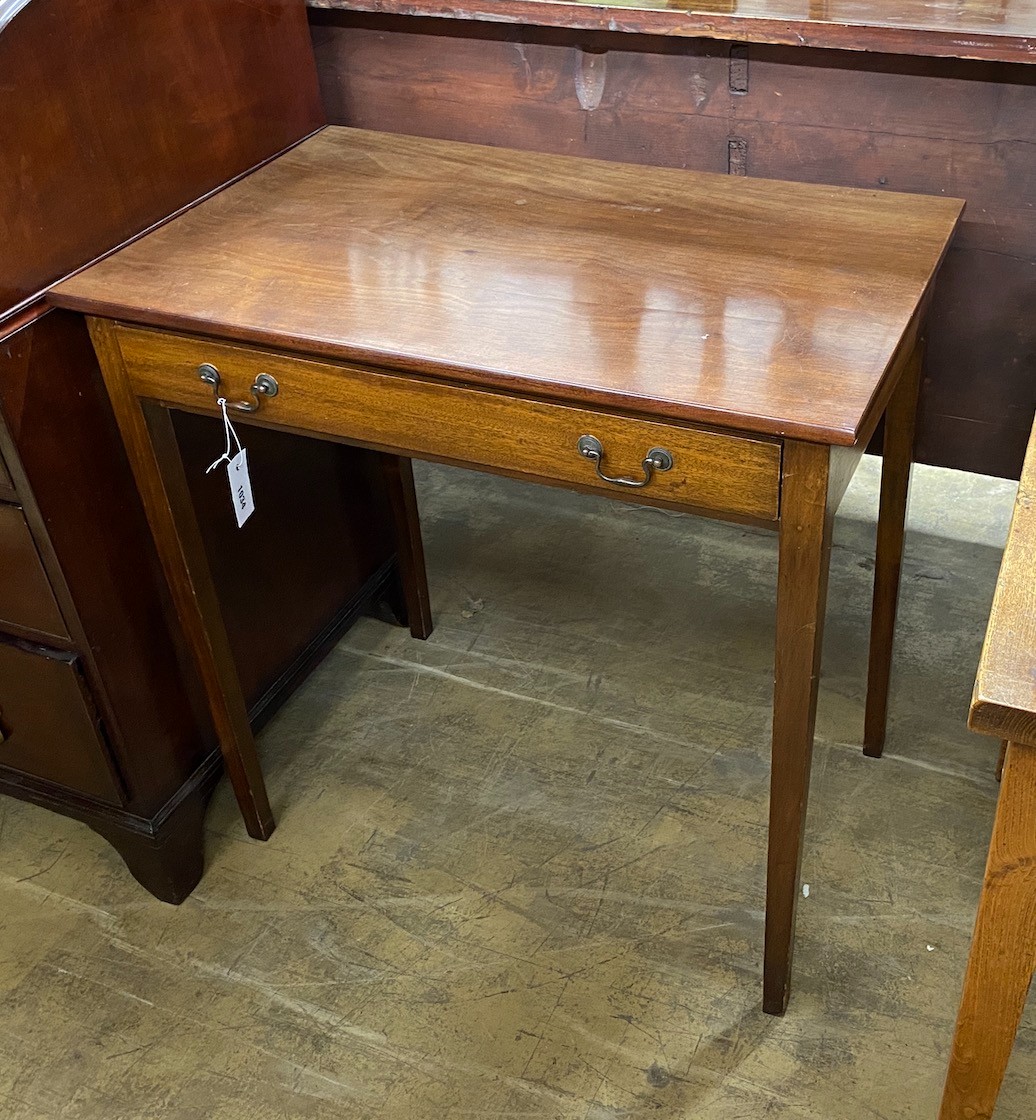 A George III mahogany side table fitted drawer, width 77cm, depth 49cm, height 78cm.